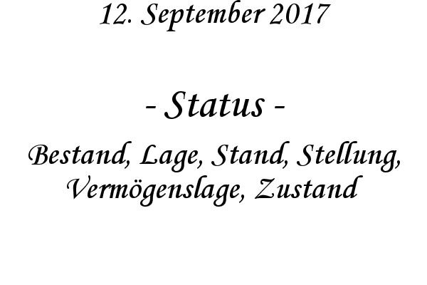 Status - Bestand, Lage, Stand, Stellung, Vermgenslage, Zustand
